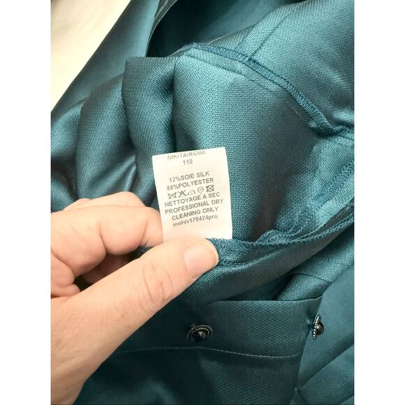 Ecaille Paris Teal 3/4 Sleeve Tie Waist Taffeta Midi A-Line Shirt Dress Size 6 - Picture 7 of 7